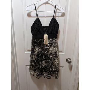 NEW! Southern Fried Chics Black Gold V Neck Mini Dress Size XS Cocktail